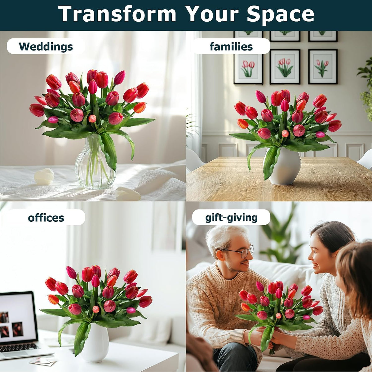 20PCS Fake Tulips Artificial Tulip Silk Flowers Fake PU Bouquet Artificial Flowers Faux Flowers with Gift Box Soft Faux Tulips Bouquets Arrangements for Party Wedding Home
