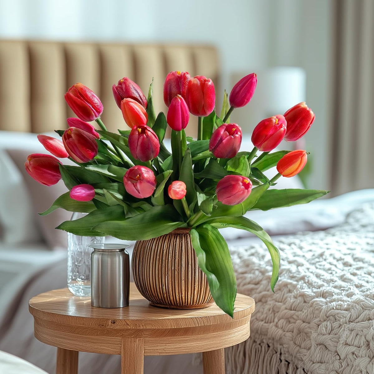 20PCS Fake Tulips Artificial Tulip Silk Flowers Fake PU Bouquet Artificial Flowers Faux Flowers with Gift Box Soft Faux Tulips Bouquets Arrangements for Party Wedding Home