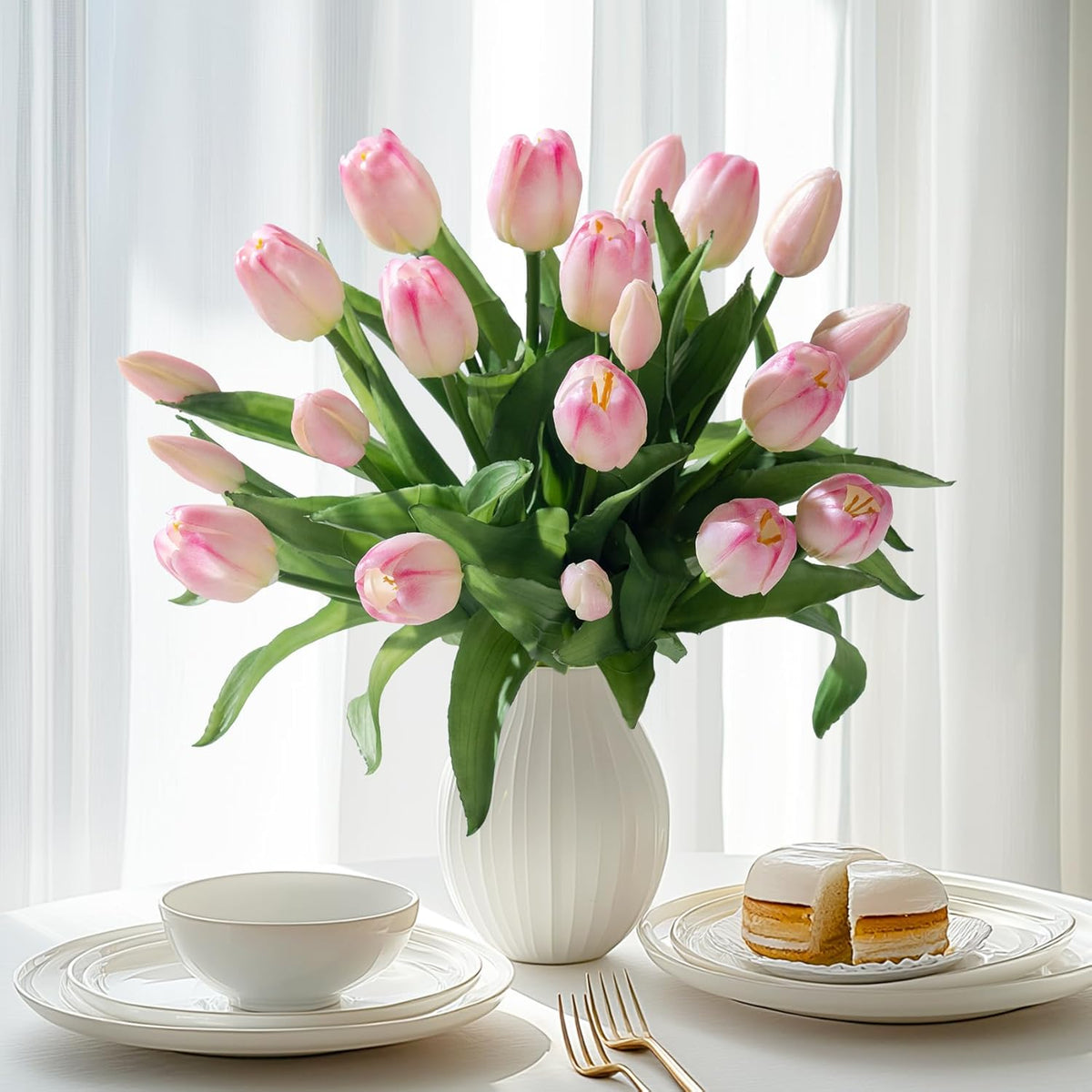 20PCS Fake Tulips Artificial Tulip Silk Flowers Fake PU Bouquet Artificial Flowers Faux Flowers with Gift Box Soft Faux Tulips Bouquets Arrangements for Party Wedding Home