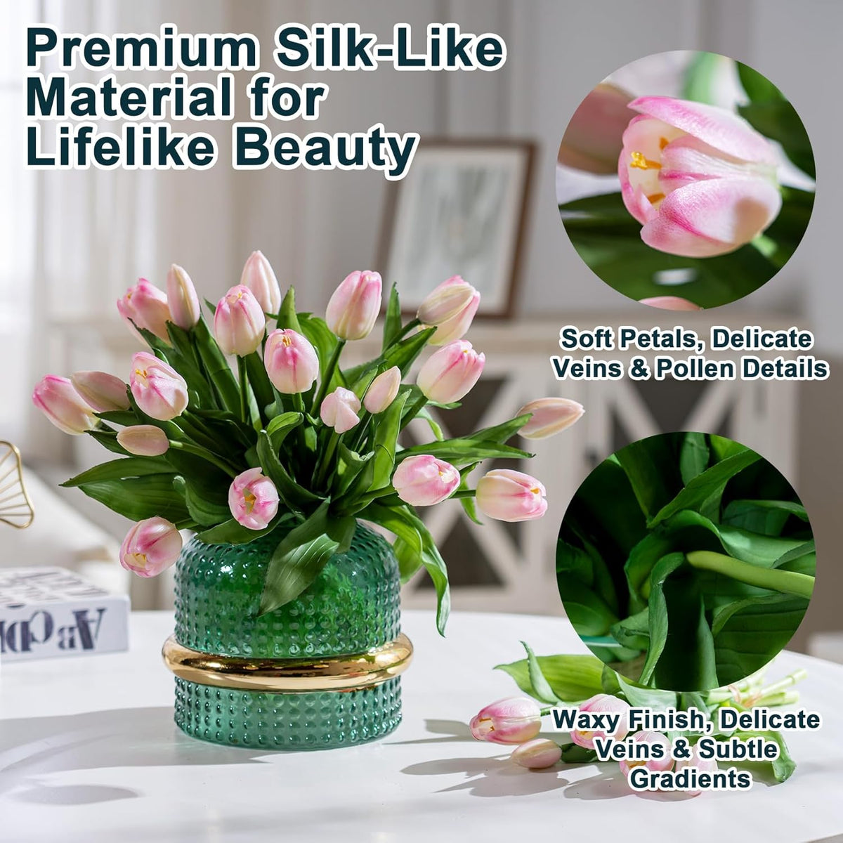 20PCS Fake Tulips Artificial Tulip Silk Flowers Fake PU Bouquet Artificial Flowers Faux Flowers with Gift Box Soft Faux Tulips Bouquets Arrangements for Party Wedding Home