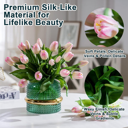 20PCS Fake Tulips Artificial Tulip Silk Flowers Fake PU Bouquet Artificial Flowers Faux Flowers with Gift Box Soft Faux Tulips Bouquets Arrangements for Party Wedding Home