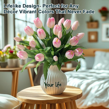 20PCS Fake Tulips Artificial Tulip Silk Flowers Fake PU Bouquet Artificial Flowers Faux Flowers with Gift Box Soft Faux Tulips Bouquets Arrangements for Party Wedding Home