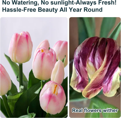20PCS Fake Tulips Artificial Tulip Silk Flowers Fake PU Bouquet Artificial Flowers Faux Flowers with Gift Box Soft Faux Tulips Bouquets Arrangements for Party Wedding Home