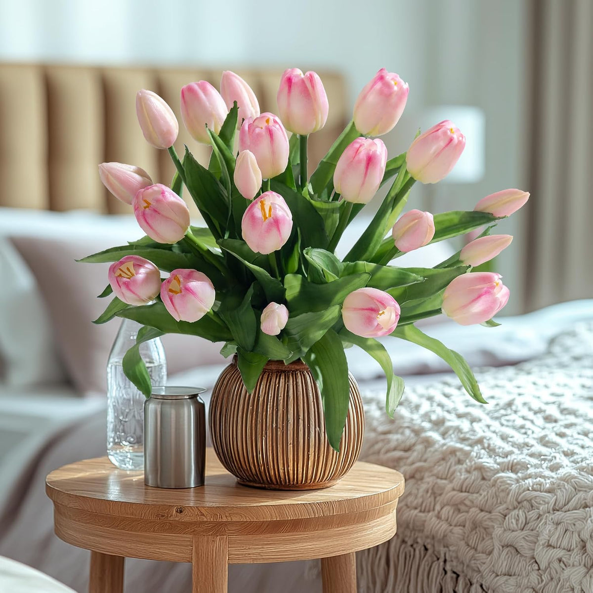 20PCS Fake Tulips Artificial Tulip Silk Flowers Fake PU Bouquet Artificial Flowers Faux Flowers with Gift Box Soft Faux Tulips Bouquets Arrangements for Party Wedding Home