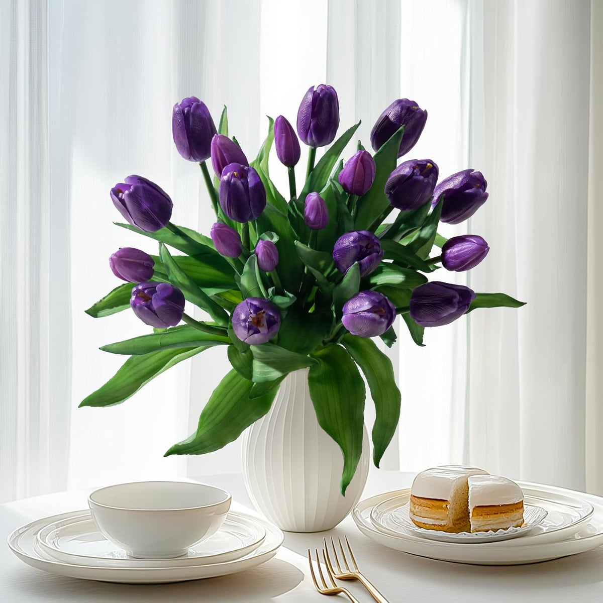 20PCS Fake Tulips Artificial Tulip Silk Flowers Fake PU Bouquet Artificial Flowers Faux Flowers with Gift Box Soft Faux Tulips Bouquets Arrangements for Party Wedding Home
