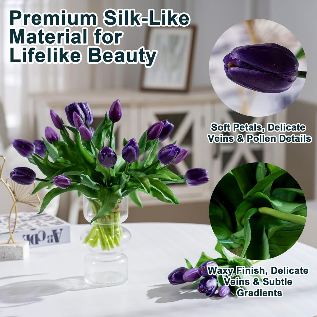 20PCS Fake Tulips Artificial Tulip Silk Flowers Fake PU Bouquet Artificial Flowers Faux Flowers with Gift Box Soft Faux Tulips Bouquets Arrangements for Party Wedding Home