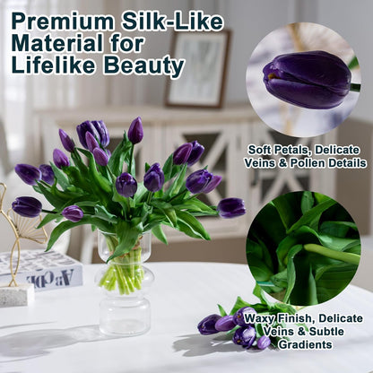 20PCS Fake Tulips Artificial Tulip Silk Flowers Fake PU Bouquet Artificial Flowers Faux Flowers with Gift Box Soft Faux Tulips Bouquets Arrangements for Party Wedding Home