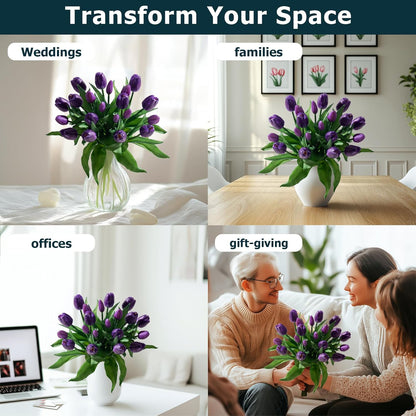 20PCS Fake Tulips Artificial Tulip Silk Flowers Fake PU Bouquet Artificial Flowers Faux Flowers with Gift Box Soft Faux Tulips Bouquets Arrangements for Party Wedding Home