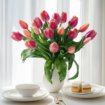 20PCS Fake Tulips Artificial Tulip Silk Flowers Fake PU Bouquet Artificial Flowers Faux Flowers with Gift Box Soft Faux Tulips Bouquets Arrangements for Party Wedding Home