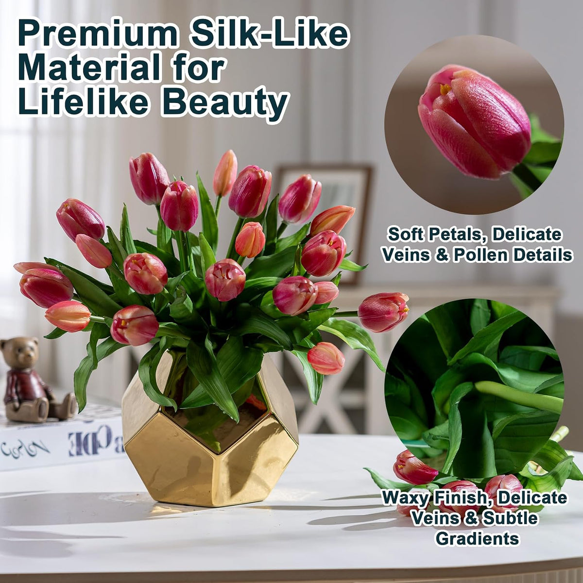 20PCS Fake Tulips Artificial Tulip Silk Flowers Fake PU Bouquet Artificial Flowers Faux Flowers with Gift Box Soft Faux Tulips Bouquets Arrangements for Party Wedding Home