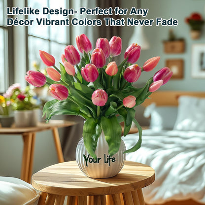 20PCS Fake Tulips Artificial Tulip Silk Flowers Fake PU Bouquet Artificial Flowers Faux Flowers with Gift Box Soft Faux Tulips Bouquets Arrangements for Party Wedding Home