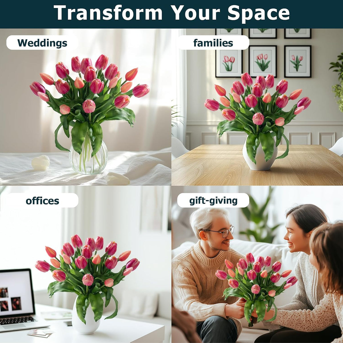 20PCS Fake Tulips Artificial Tulip Silk Flowers Fake PU Bouquet Artificial Flowers Faux Flowers with Gift Box Soft Faux Tulips Bouquets Arrangements for Party Wedding Home