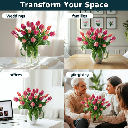 20PCS Fake Tulips Artificial Tulip Silk Flowers Fake PU Bouquet Artificial Flowers Faux Flowers with Gift Box Soft Faux Tulips Bouquets Arrangements for Party Wedding Home