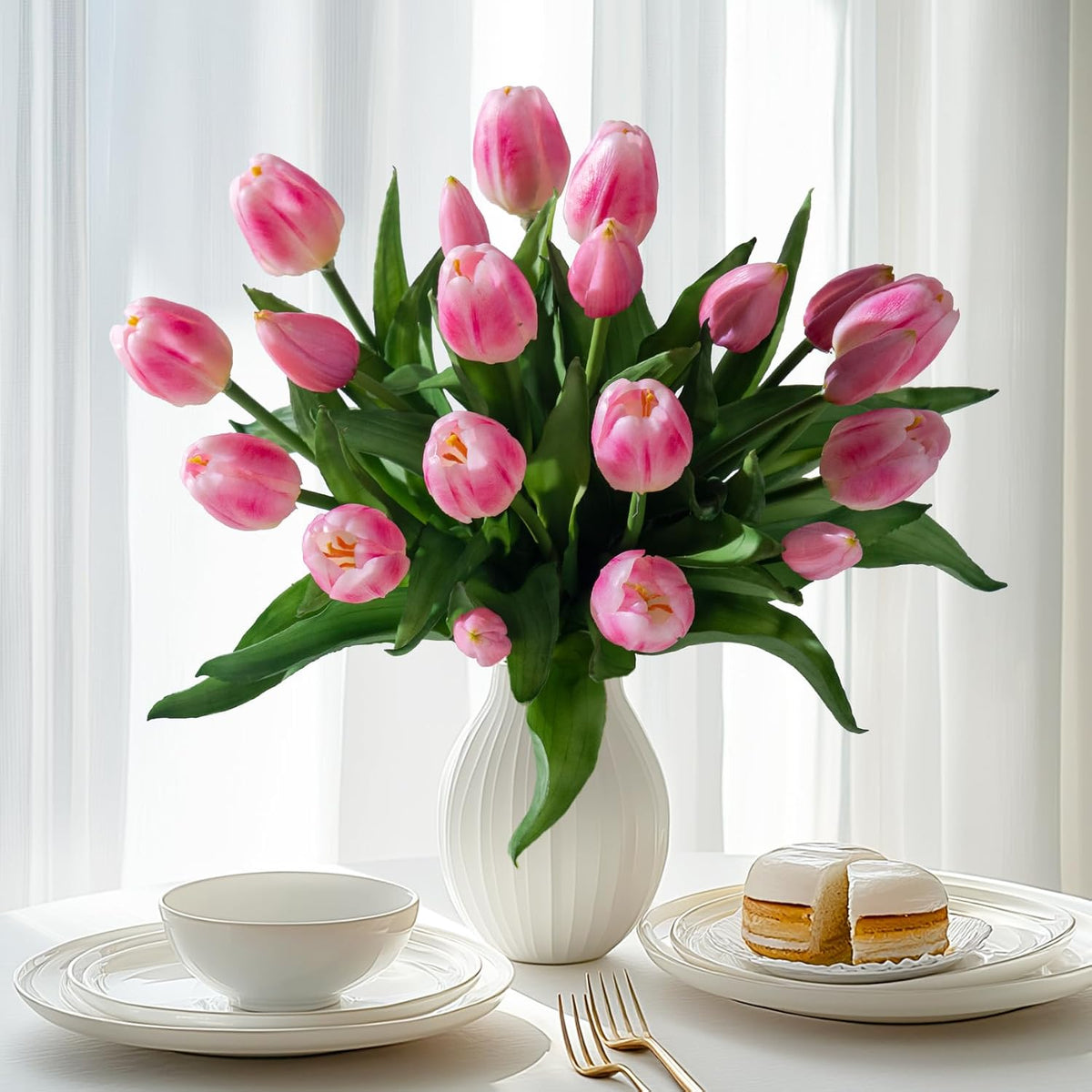 20PCS Fake Tulips Artificial Tulip Silk Flowers Fake PU Bouquet Artificial Flowers Faux Flowers with Gift Box Soft Faux Tulips Bouquets Arrangements for Party Wedding Home