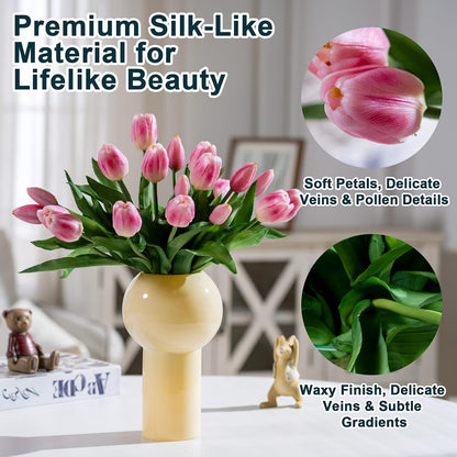 20PCS Fake Tulips Artificial Tulip Silk Flowers Fake PU Bouquet Artificial Flowers Faux Flowers with Gift Box Soft Faux Tulips Bouquets Arrangements for Party Wedding Home