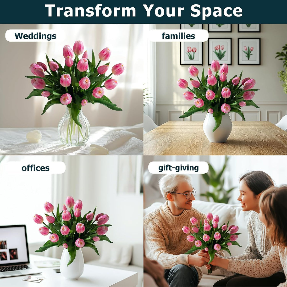 20PCS Fake Tulips Artificial Tulip Silk Flowers Fake PU Bouquet Artificial Flowers Faux Flowers with Gift Box Soft Faux Tulips Bouquets Arrangements for Party Wedding Home