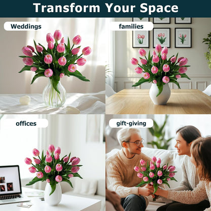 20PCS Fake Tulips Artificial Tulip Silk Flowers Fake PU Bouquet Artificial Flowers Faux Flowers with Gift Box Soft Faux Tulips Bouquets Arrangements for Party Wedding Home