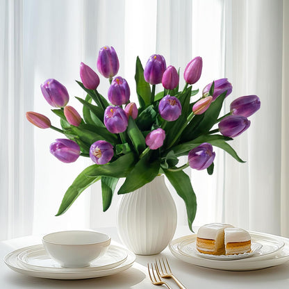20PCS Fake Tulips Artificial Tulip Silk Flowers Fake PU Bouquet Artificial Flowers Faux Flowers with Gift Box Soft Faux Tulips Bouquets Arrangements for Party Wedding Home