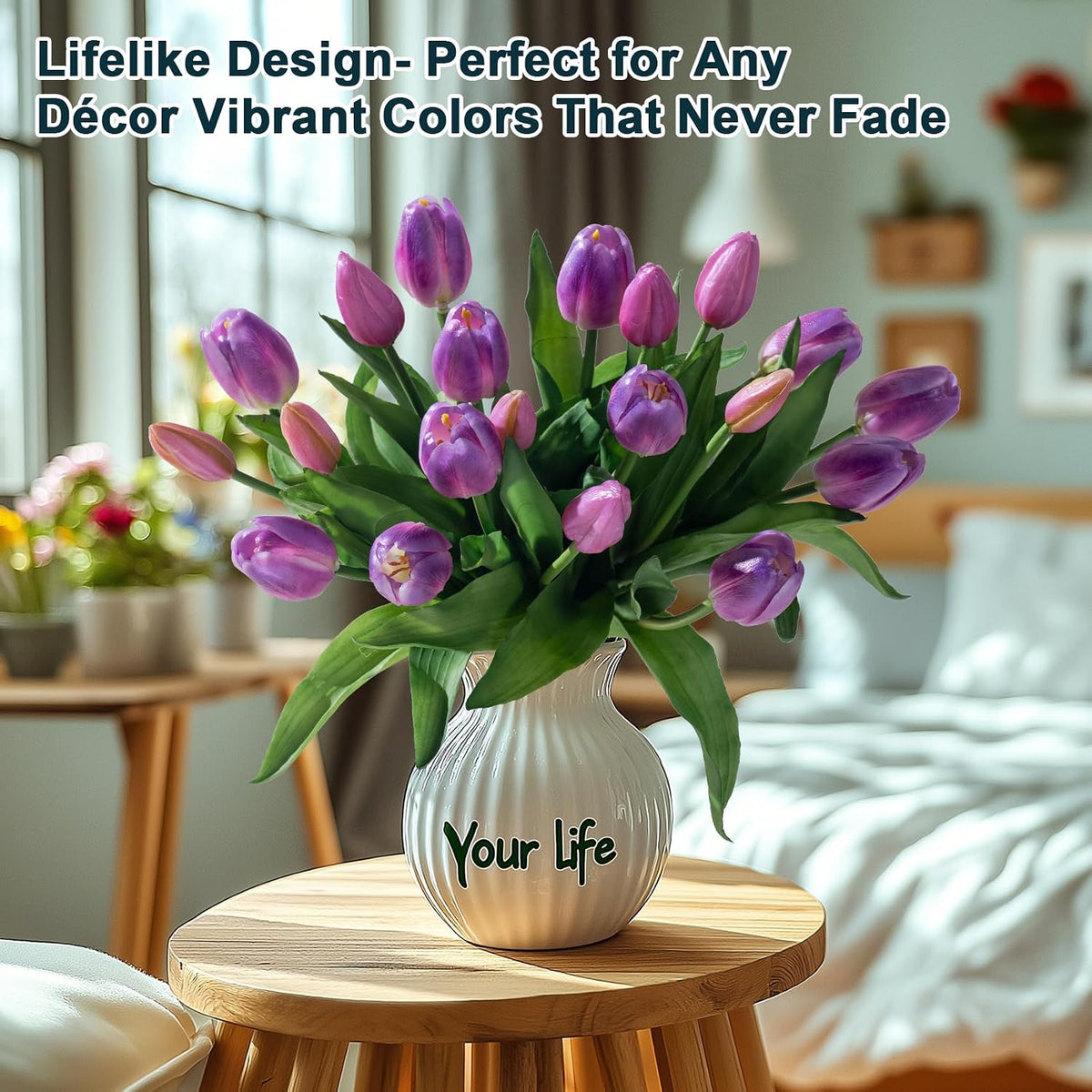 20PCS Fake Tulips Artificial Tulip Silk Flowers Fake PU Bouquet Artificial Flowers Faux Flowers with Gift Box Soft Faux Tulips Bouquets Arrangements for Party Wedding Home