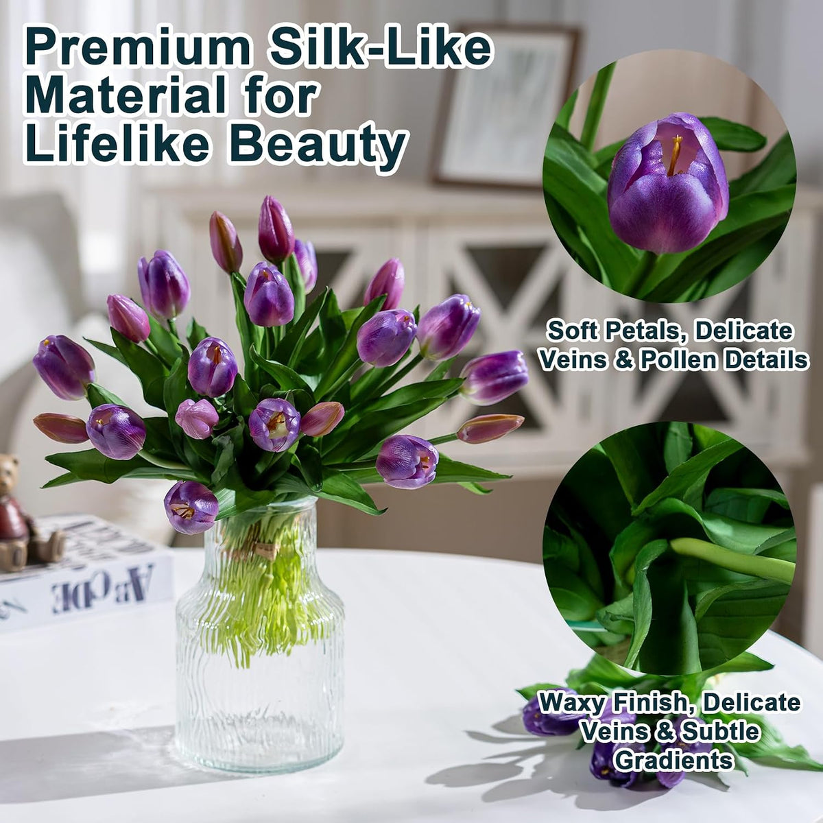 20PCS Fake Tulips Artificial Tulip Silk Flowers Fake PU Bouquet Artificial Flowers Faux Flowers with Gift Box Soft Faux Tulips Bouquets Arrangements for Party Wedding Home