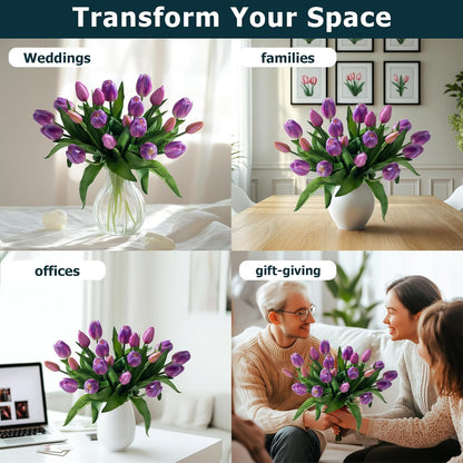20PCS Fake Tulips Artificial Tulip Silk Flowers Fake PU Bouquet Artificial Flowers Faux Flowers with Gift Box Soft Faux Tulips Bouquets Arrangements for Party Wedding Home
