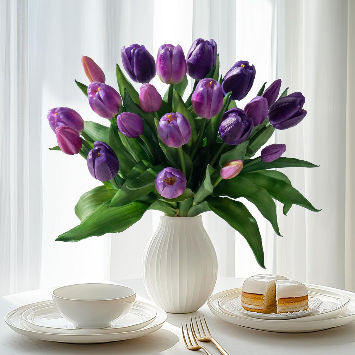 20PCS Fake Tulips Artificial Tulip Silk Flowers Fake PU Bouquet Artificial Flowers Faux Flowers with Gift Box Soft Faux Tulips Bouquets Arrangements for Party Wedding Home