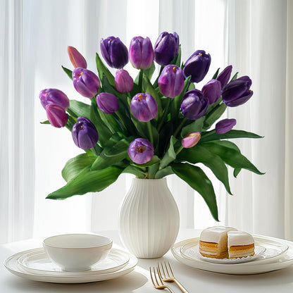 20PCS Fake Tulips Artificial Tulip Silk Flowers Fake PU Bouquet Artificial Flowers Faux Flowers with Gift Box Soft Faux Tulips Bouquets Arrangements for Party Wedding Home