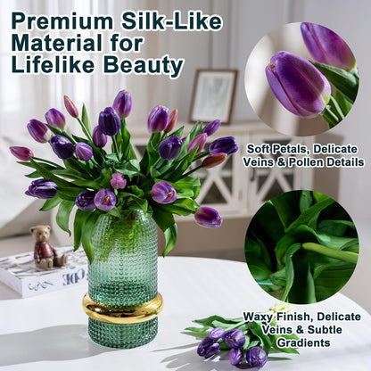 20PCS Fake Tulips Artificial Tulip Silk Flowers Fake PU Bouquet Artificial Flowers Faux Flowers with Gift Box Soft Faux Tulips Bouquets Arrangements for Party Wedding Home