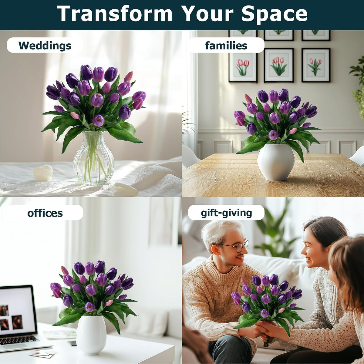 20PCS Fake Tulips Artificial Tulip Silk Flowers Fake PU Bouquet Artificial Flowers Faux Flowers with Gift Box Soft Faux Tulips Bouquets Arrangements for Party Wedding Home