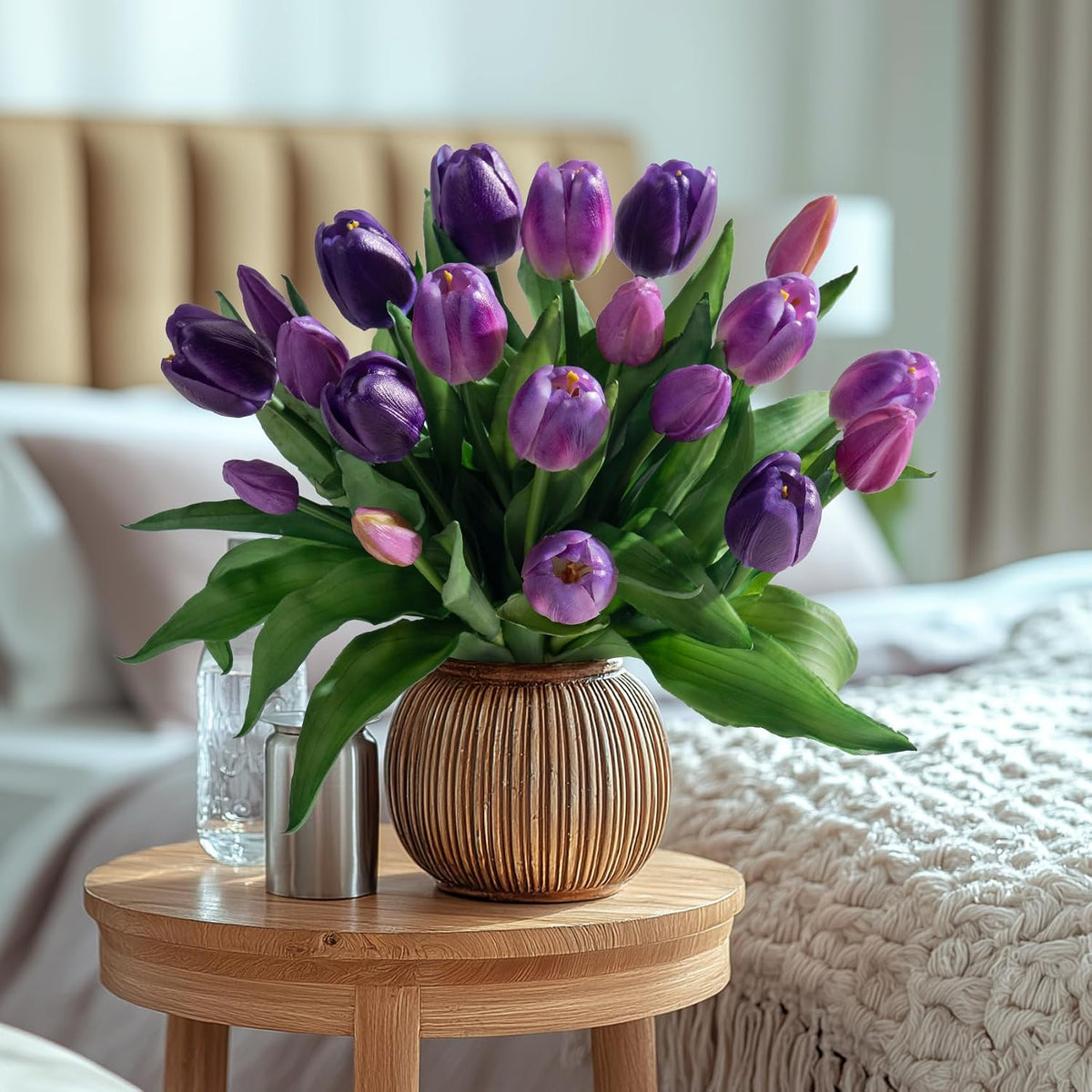 20PCS Fake Tulips Artificial Tulip Silk Flowers Fake PU Bouquet Artificial Flowers Faux Flowers with Gift Box Soft Faux Tulips Bouquets Arrangements for Party Wedding Home
