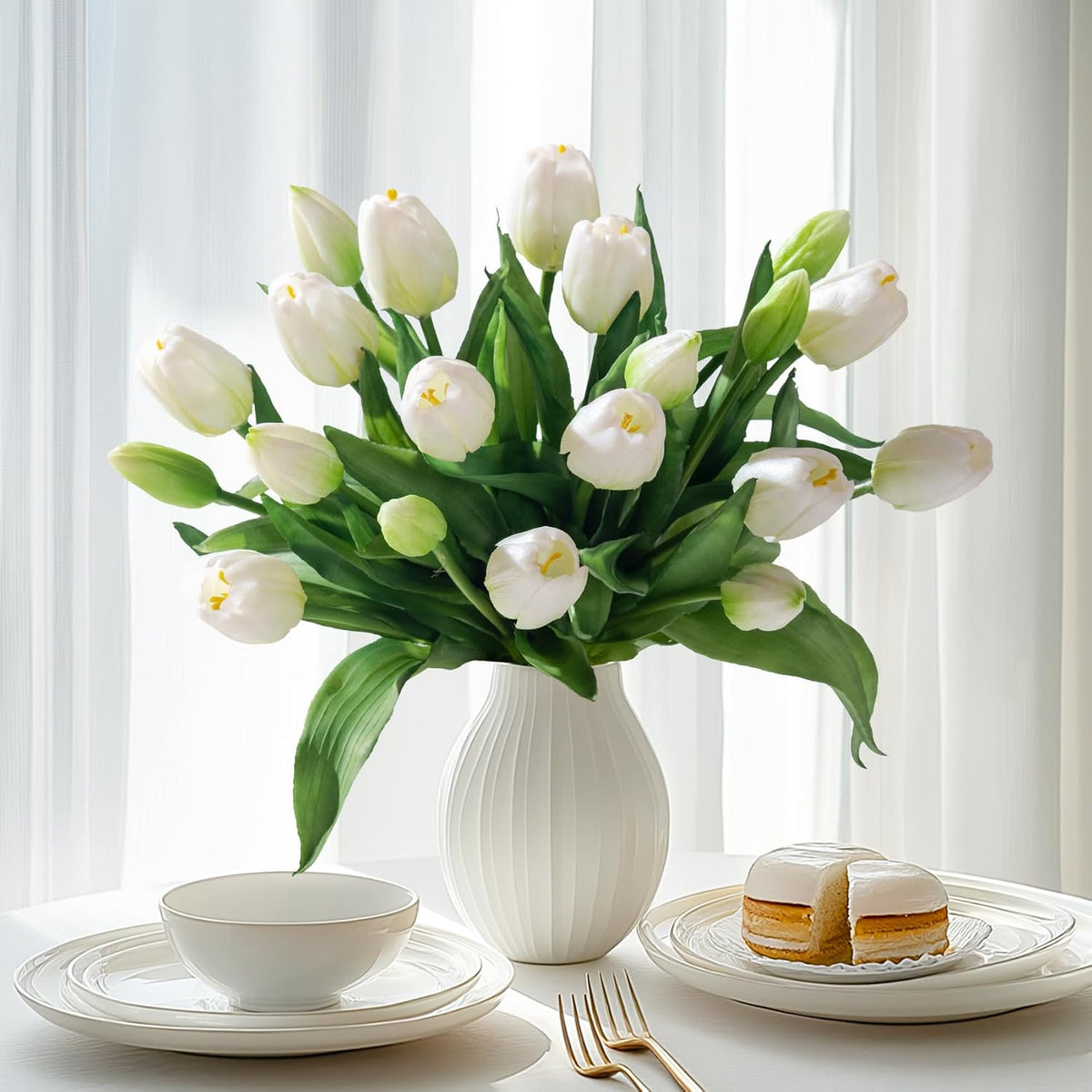 20PCS Fake Tulips Artificial Tulip Silk Flowers Fake PU Bouquet Artificial Flowers Faux Flowers with Gift Box Soft Faux Tulips Bouquets Arrangements for Party Wedding Home