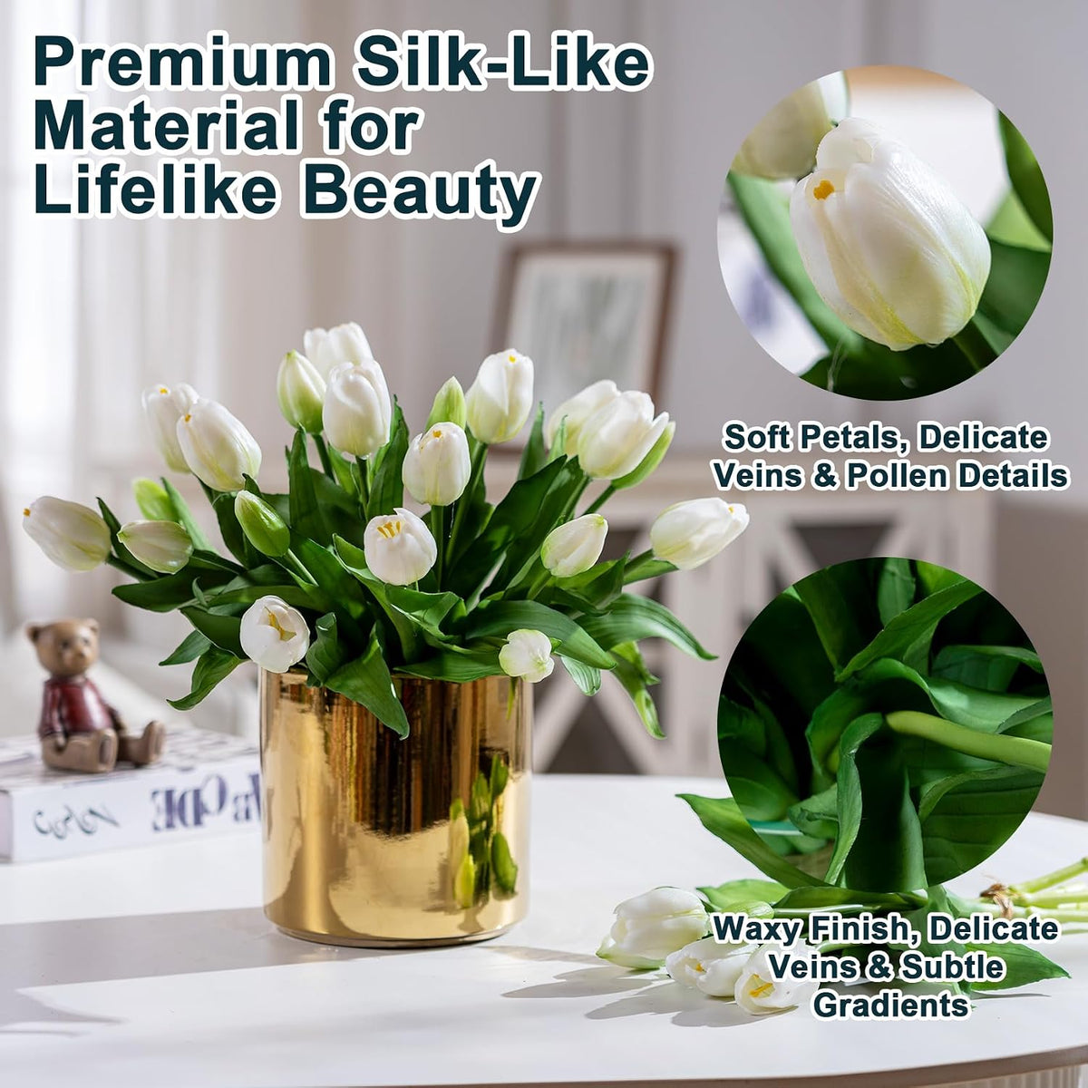 20PCS Fake Tulips Artificial Tulip Silk Flowers Fake PU Bouquet Artificial Flowers Faux Flowers with Gift Box Soft Faux Tulips Bouquets Arrangements for Party Wedding Home