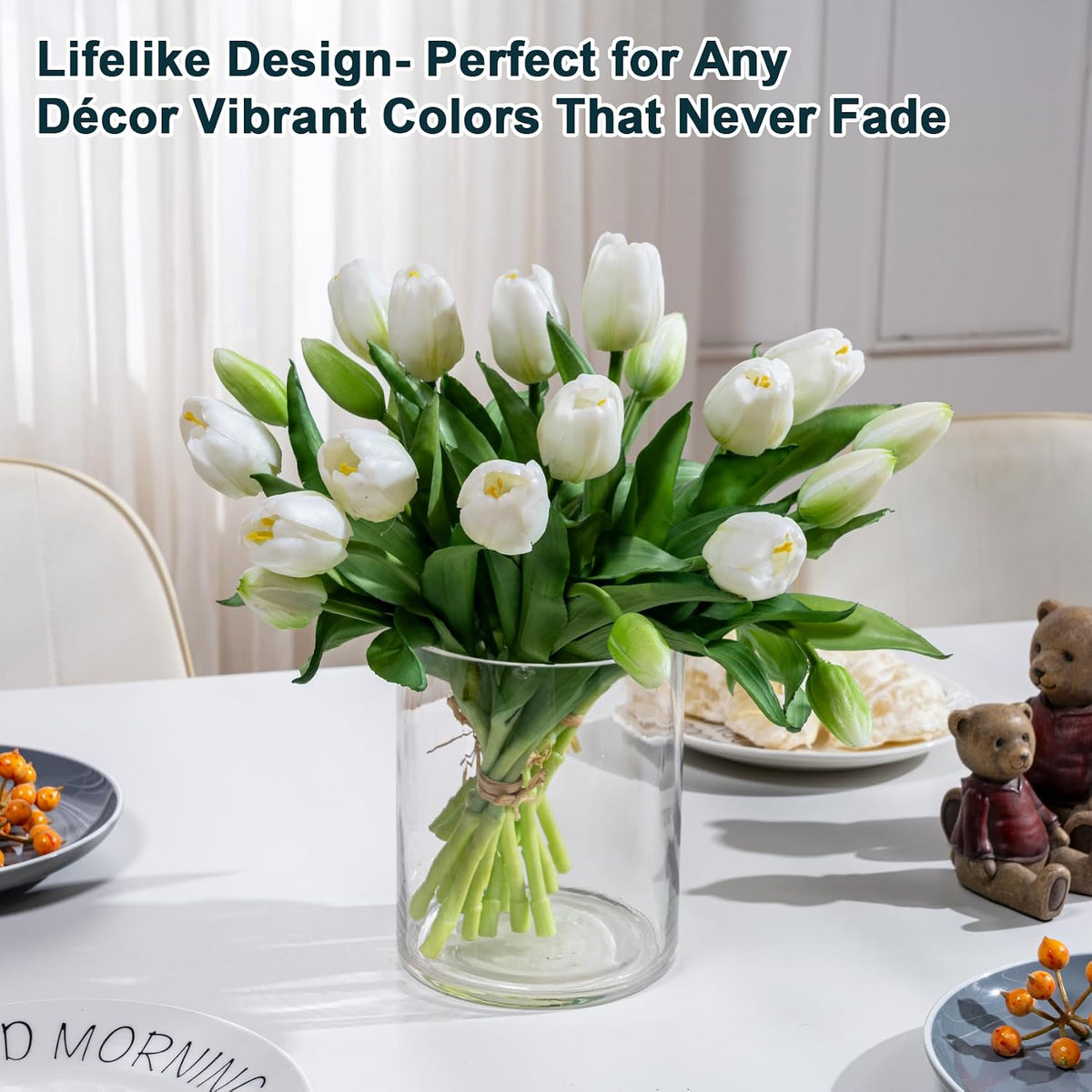 20PCS Fake Tulips Artificial Tulip Silk Flowers Fake PU Bouquet Artificial Flowers Faux Flowers with Gift Box Soft Faux Tulips Bouquets Arrangements for Party Wedding Home