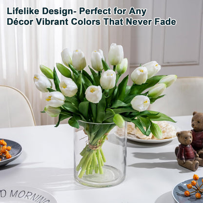 20PCS Fake Tulips Artificial Tulip Silk Flowers Fake PU Bouquet Artificial Flowers Faux Flowers with Gift Box Soft Faux Tulips Bouquets Arrangements for Party Wedding Home