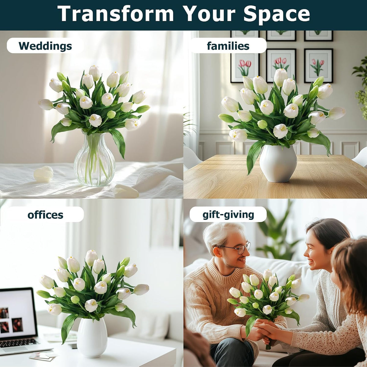 20PCS Fake Tulips Artificial Tulip Silk Flowers Fake PU Bouquet Artificial Flowers Faux Flowers with Gift Box Soft Faux Tulips Bouquets Arrangements for Party Wedding Home