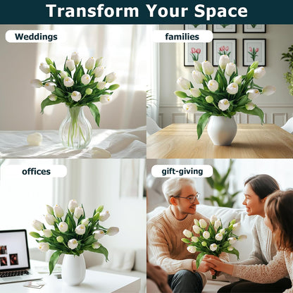 20PCS Fake Tulips Artificial Tulip Silk Flowers Fake PU Bouquet Artificial Flowers Faux Flowers with Gift Box Soft Faux Tulips Bouquets Arrangements for Party Wedding Home