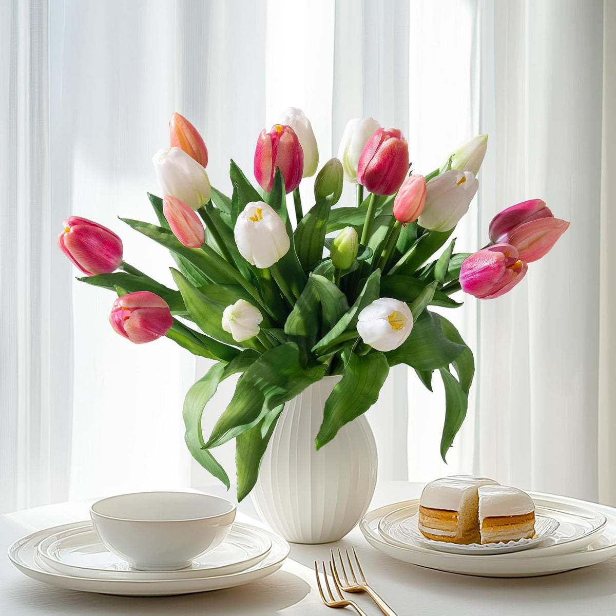 20PCS Fake Tulips Artificial Tulip Silk Flowers Fake PU Bouquet Artificial Flowers Faux Flowers with Gift Box Soft Faux Tulips Bouquets Arrangements for Party Wedding Home