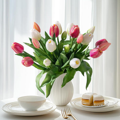 20PCS Fake Tulips Artificial Tulip Silk Flowers Fake PU Bouquet Artificial Flowers Faux Flowers with Gift Box Soft Faux Tulips Bouquets Arrangements for Party Wedding Home
