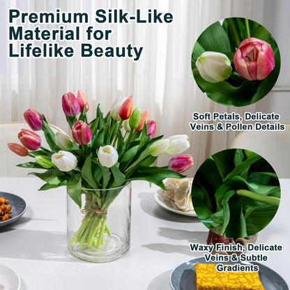 20PCS Fake Tulips Artificial Tulip Silk Flowers Fake PU Bouquet Artificial Flowers Faux Flowers with Gift Box Soft Faux Tulips Bouquets Arrangements for Party Wedding Home