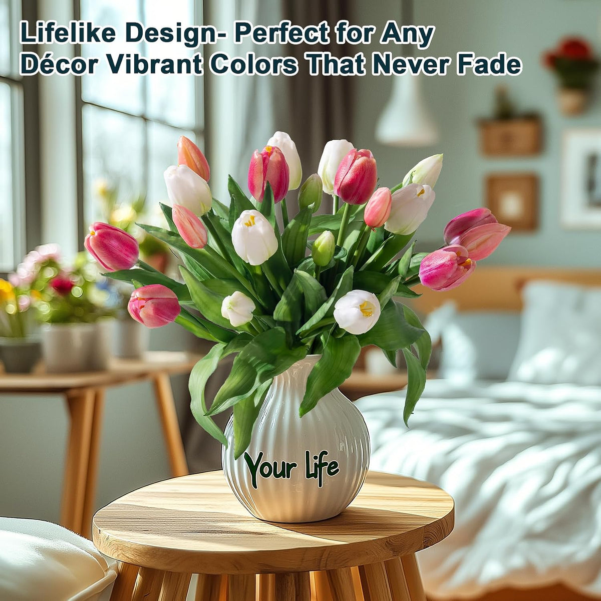 20PCS Fake Tulips Artificial Tulip Silk Flowers Fake PU Bouquet Artificial Flowers Faux Flowers with Gift Box Soft Faux Tulips Bouquets Arrangements for Party Wedding Home