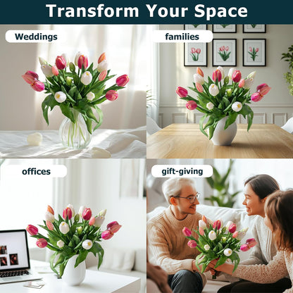 20PCS Fake Tulips Artificial Tulip Silk Flowers Fake PU Bouquet Artificial Flowers Faux Flowers with Gift Box Soft Faux Tulips Bouquets Arrangements for Party Wedding Home