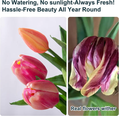 20PCS Fake Tulips Artificial Tulip Silk Flowers Fake PU Bouquet Artificial Flowers Faux Flowers with Gift Box Soft Faux Tulips Bouquets Arrangements for Party Wedding Home