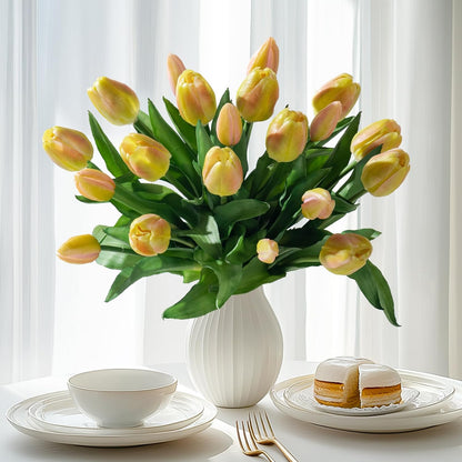 20PCS Fake Tulips Artificial Tulip Silk Flowers Fake PU Bouquet Artificial Flowers Faux Flowers with Gift Box Soft Faux Tulips Bouquets Arrangements for Party Wedding Home