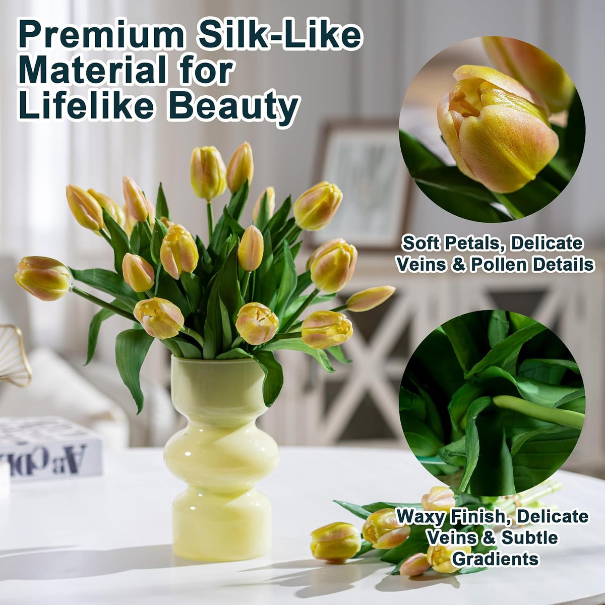 20PCS Fake Tulips Artificial Tulip Silk Flowers Fake PU Bouquet Artificial Flowers Faux Flowers with Gift Box Soft Faux Tulips Bouquets Arrangements for Party Wedding Home