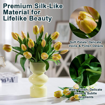 20PCS Fake Tulips Artificial Tulip Silk Flowers Fake PU Bouquet Artificial Flowers Faux Flowers with Gift Box Soft Faux Tulips Bouquets Arrangements for Party Wedding Home