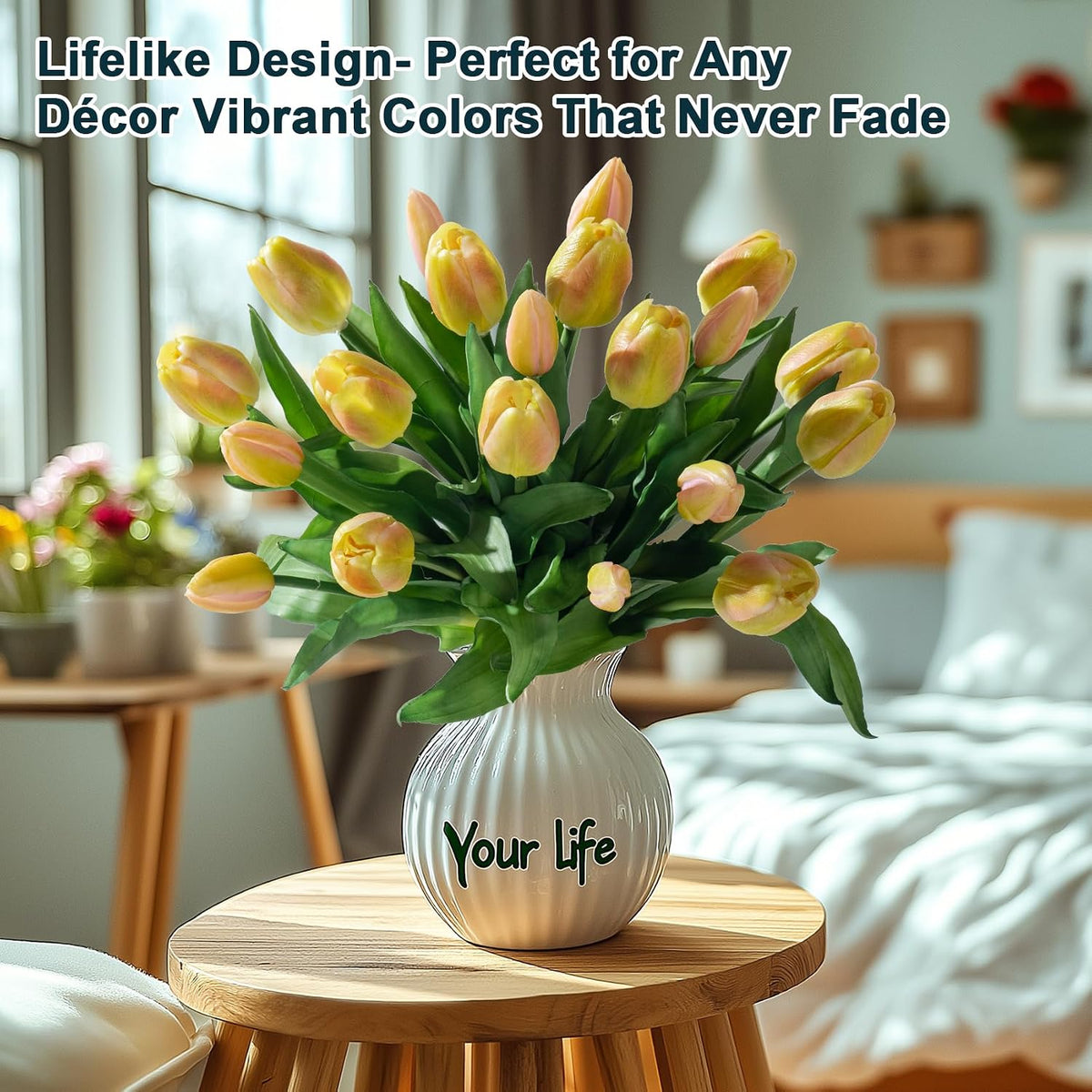 20PCS Fake Tulips Artificial Tulip Silk Flowers Fake PU Bouquet Artificial Flowers Faux Flowers with Gift Box Soft Faux Tulips Bouquets Arrangements for Party Wedding Home