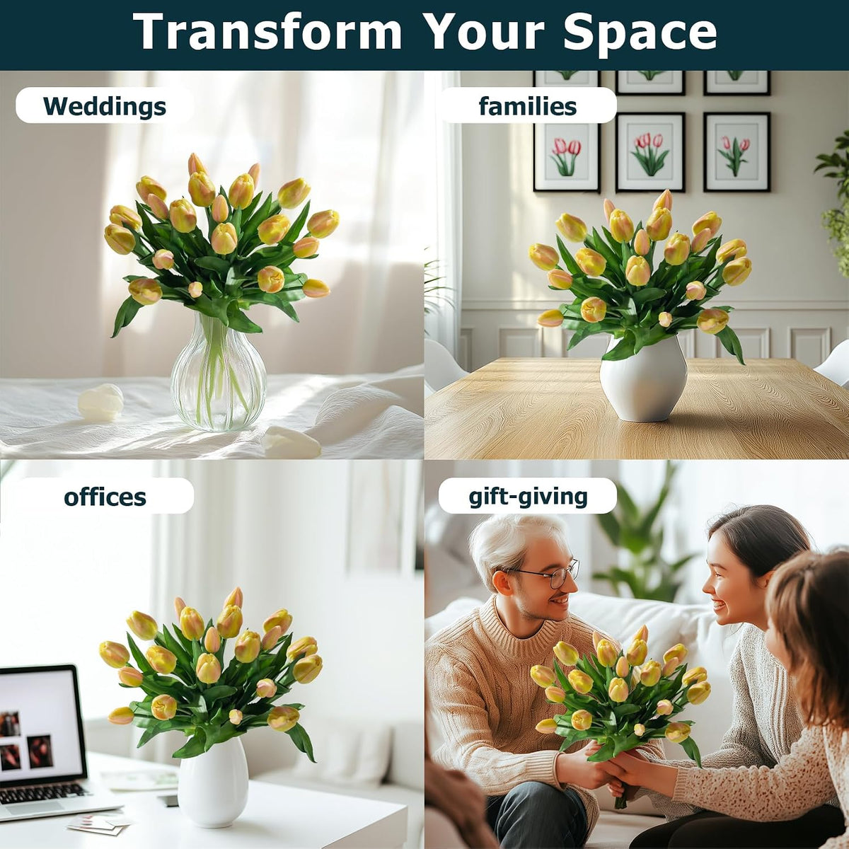 20PCS Fake Tulips Artificial Tulip Silk Flowers Fake PU Bouquet Artificial Flowers Faux Flowers with Gift Box Soft Faux Tulips Bouquets Arrangements for Party Wedding Home