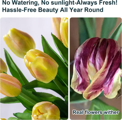 20PCS Fake Tulips Artificial Tulip Silk Flowers Fake PU Bouquet Artificial Flowers Faux Flowers with Gift Box Soft Faux Tulips Bouquets Arrangements for Party Wedding Home