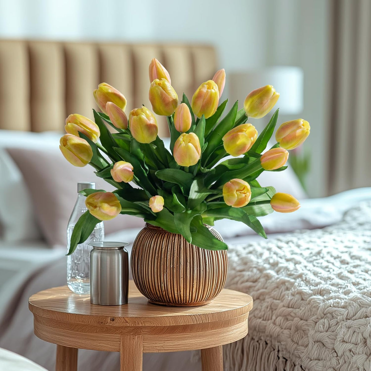 20PCS Fake Tulips Artificial Tulip Silk Flowers Fake PU Bouquet Artificial Flowers Faux Flowers with Gift Box Soft Faux Tulips Bouquets Arrangements for Party Wedding Home