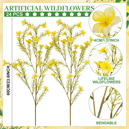 24 Bundles Artificial Wildflowers with Stems 23.6 Inch Silk Spring Floral Picks Fake Forsythia Branches DIY Wildflower Arrangements for Home Indoor Outdoor Wedding Centerpieces(Yellow)